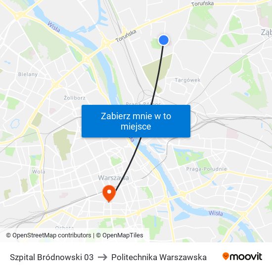 Szpital Bródnowski to Politechnika Warszawska map