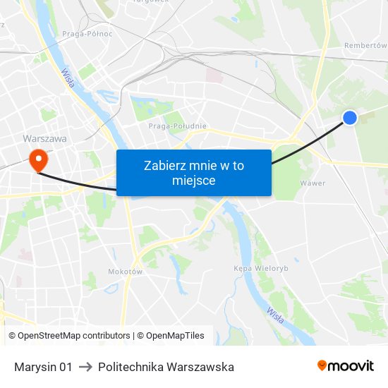 Marysin 01 to Politechnika Warszawska map