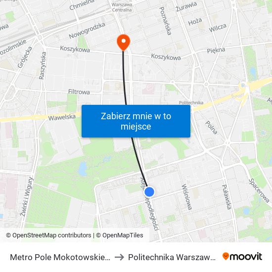 Metro Pole Mokotowskie 02 to Politechnika Warszawska map