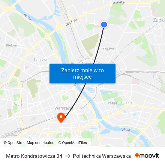 Metro Kondratowicza 04 to Politechnika Warszawska map