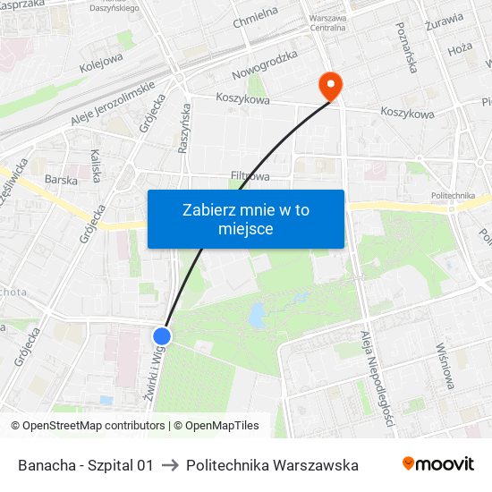 Banacha - Szpital 01 to Politechnika Warszawska map