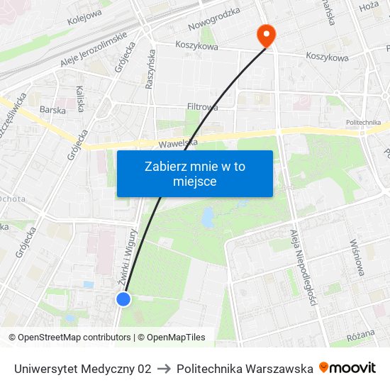 Uniwersytet Medyczny 02 to Politechnika Warszawska map