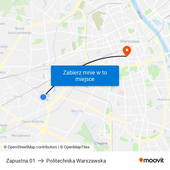 Zapustna 01 to Politechnika Warszawska map