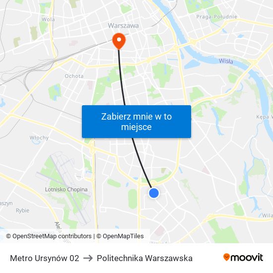 Metro Ursynów 02 to Politechnika Warszawska map