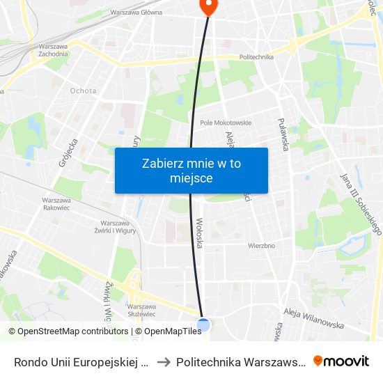 Rondo Unii Europejskiej 05 to Politechnika Warszawska map