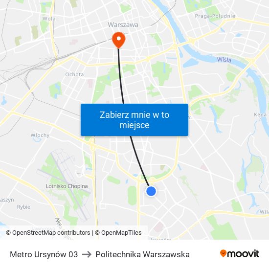 Metro Ursynów 03 to Politechnika Warszawska map