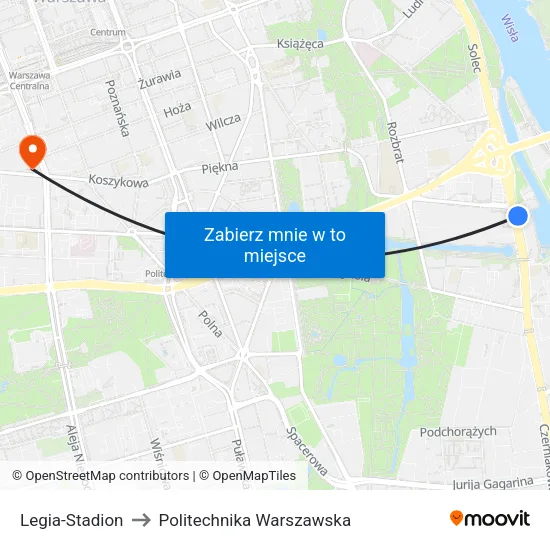 Legia - Stadion to Politechnika Warszawska map