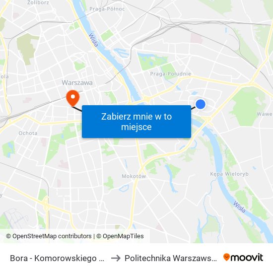 Bora - Komorowskiego 03 to Politechnika Warszawska map