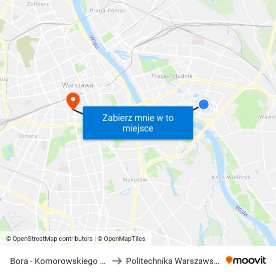 Bora - Komorowskiego 04 to Politechnika Warszawska map