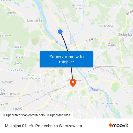 Milenijna 01 to Politechnika Warszawska map