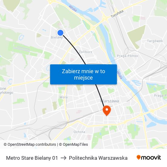 Metro Stare Bielany to Politechnika Warszawska map