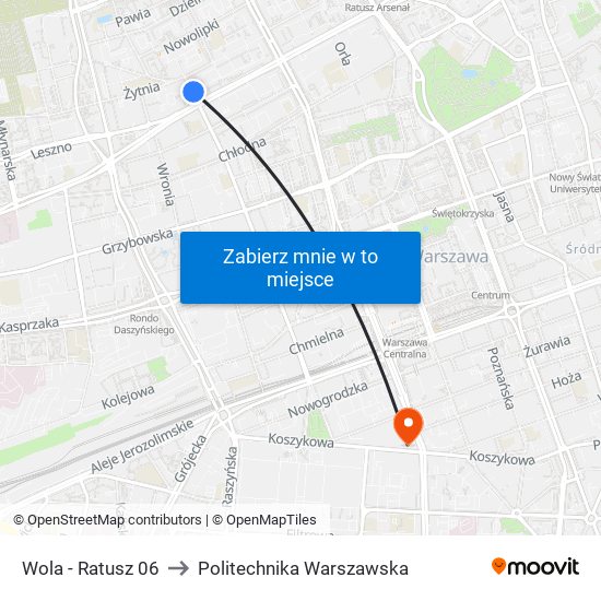 Wola - Ratusz 06 to Politechnika Warszawska map