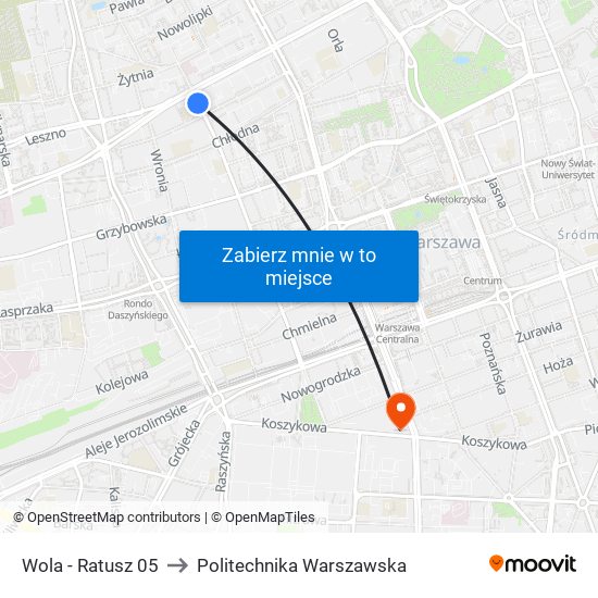 Wola - Ratusz 05 to Politechnika Warszawska map