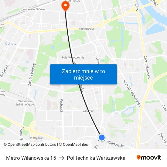 Metro Wilanowska 15 to Politechnika Warszawska map