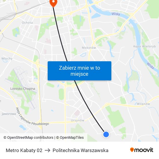 Metro Kabaty 02 to Politechnika Warszawska map