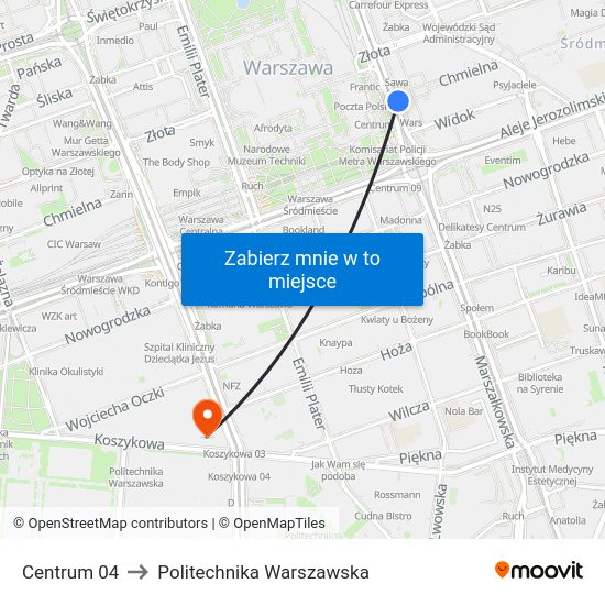 Centrum to Politechnika Warszawska map