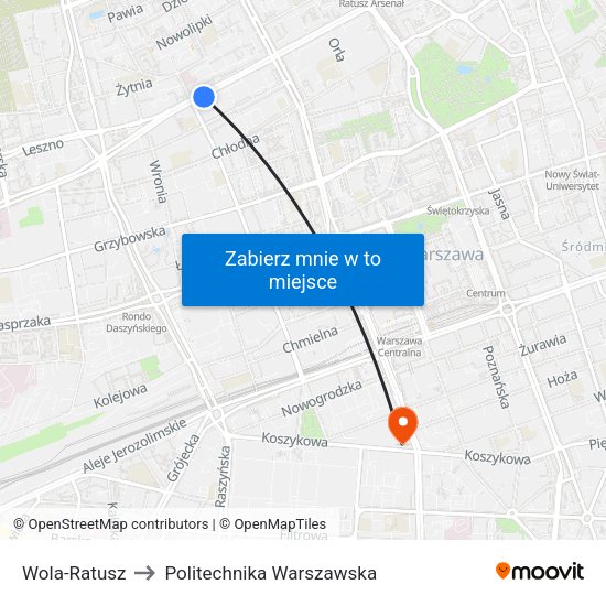 Wola - Ratusz 01 to Politechnika Warszawska map