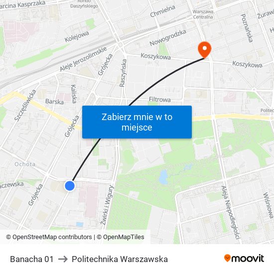 Banacha to Politechnika Warszawska map