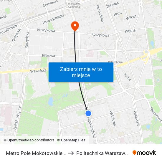 Metro Pole Mokotowskie 01 to Politechnika Warszawska map