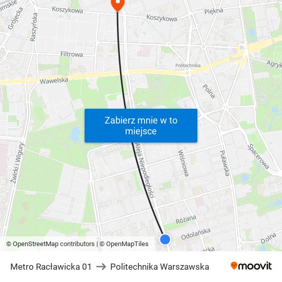 Metro Racławicka to Politechnika Warszawska map