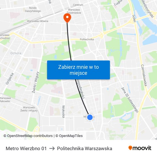 Metro Wierzbno 01 to Politechnika Warszawska map