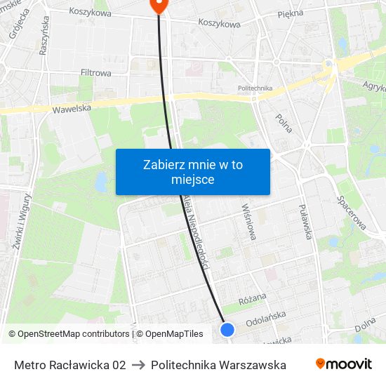 Metro Racławicka 02 to Politechnika Warszawska map