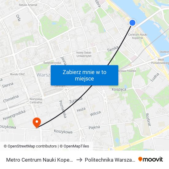 Metro Centrum Nauki Kopernik 02 to Politechnika Warszawska map