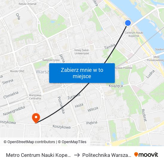 Metro Centrum Nauki Kopernik 01 to Politechnika Warszawska map