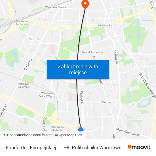 Rondo Unii Europejskiej to Politechnika Warszawska map