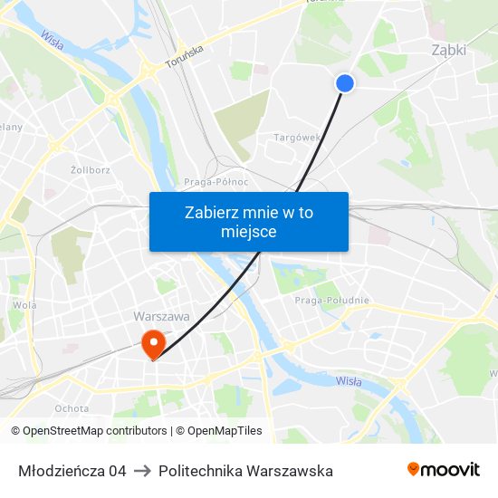 Młodzieńcza 04 to Politechnika Warszawska map