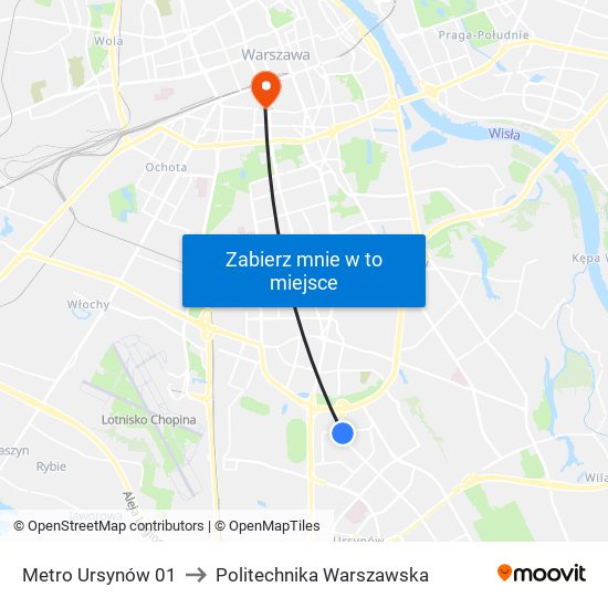 Metro Ursynów to Politechnika Warszawska map