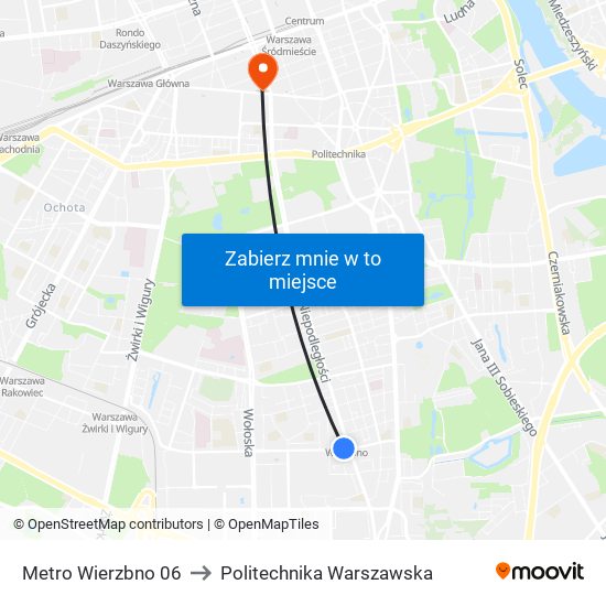 Metro Wierzbno to Politechnika Warszawska map