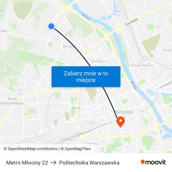 Metro Młociny 22 to Politechnika Warszawska map