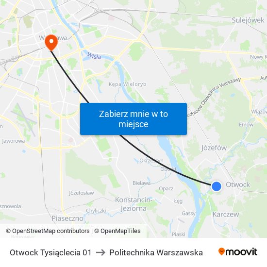 Otwock Tysiąclecia 01 to Politechnika Warszawska map