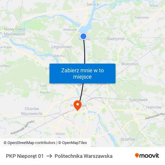 PKP Nieporęt to Politechnika Warszawska map