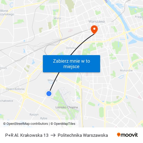 P+R Al. Krakowska to Politechnika Warszawska map