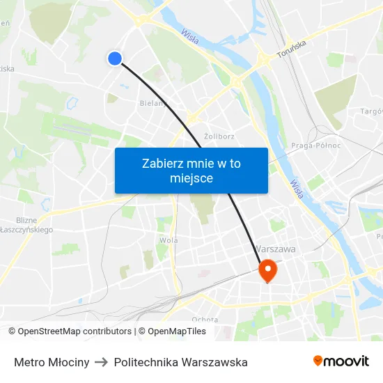 Metro Młociny to Politechnika Warszawska map