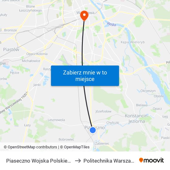 Piaseczno Wojska Polskiego to Politechnika Warszawska map