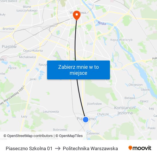 Piaseczno Szkolna 01 to Politechnika Warszawska map