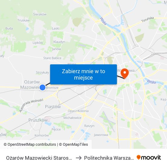 Ożarów Mazowiecki Starostwo 01 to Politechnika Warszawska map