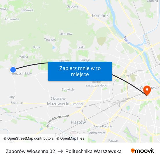 Zaborów Wiosenna 02 to Politechnika Warszawska map