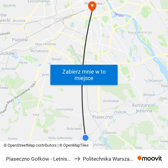 Piaseczno Gołków-Letnisko to Politechnika Warszawska map