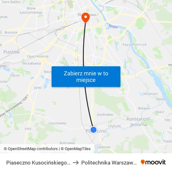 Piaseczno Kusocińskiego 02 to Politechnika Warszawska map