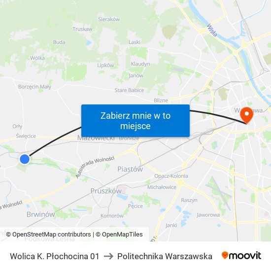 Wolica K. Płochocina 01 to Politechnika Warszawska map