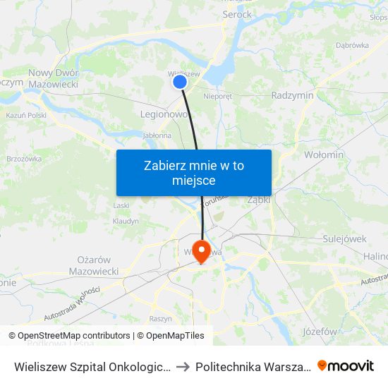 Wieliszew Szpital Onkologiczny 01 to Politechnika Warszawska map