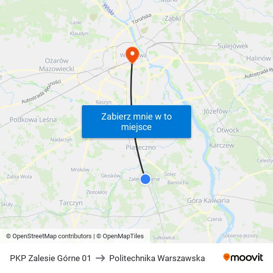 PKP Zalesie Górne 01 to Politechnika Warszawska map