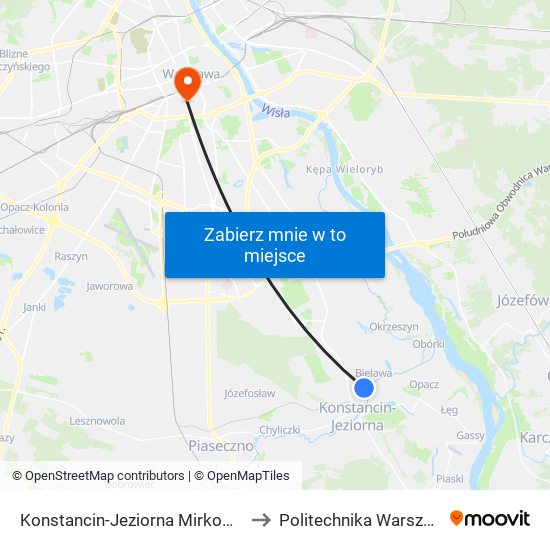 Konstancin-Jeziorna Mirkowska 01 to Politechnika Warszawska map