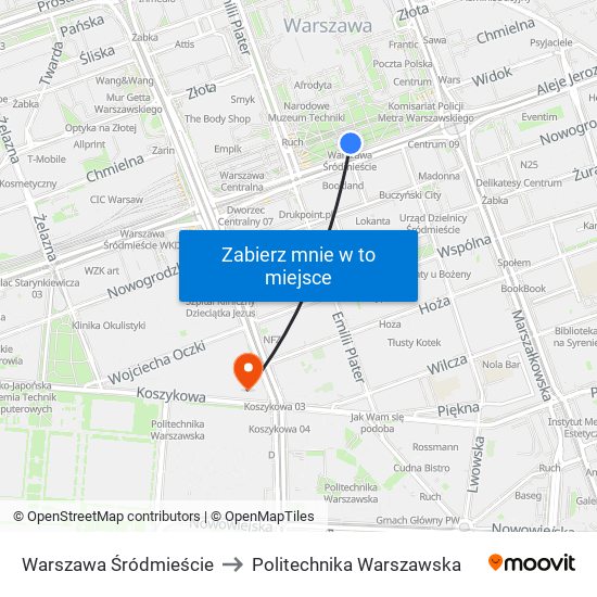 Warszawa Śródmieście to Politechnika Warszawska map