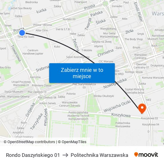 Rondo Daszyńskiego 01 to Politechnika Warszawska map