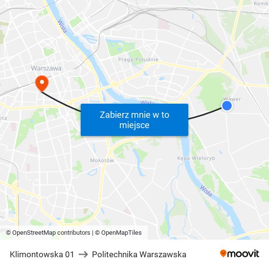 Klimontowska 01 to Politechnika Warszawska map